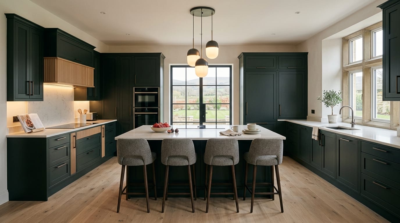 Wide view of a newly completed bespoke Mastercraft kitchen, matt painted handleless slab cabinetry in mussel tones