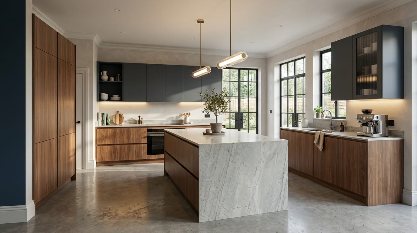 hero_1200x675-376 Wide view of a newly completed bespoke Mastercraft kitchen, matt painted handleless slab cabinetry in brilliant white tones