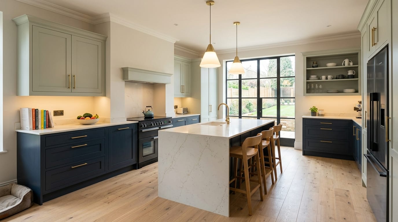 hero_1200x675-381 Wide view of a newly completed bespoke Mastercraft kitchen, modern shaker cabinetry in light teal tones