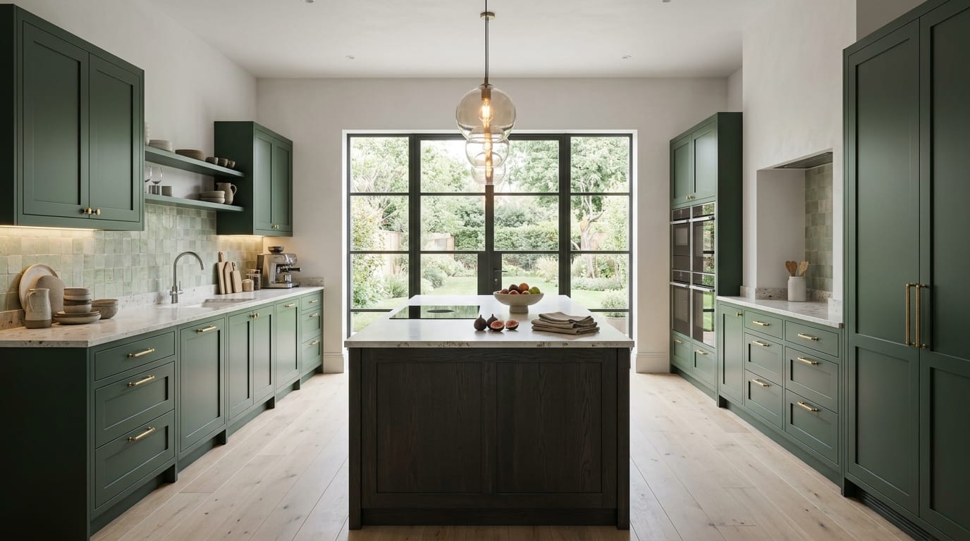Wide view of a newly completed bespoke Mastercraft kitchen, modern shaker cabinetry in mussel tones