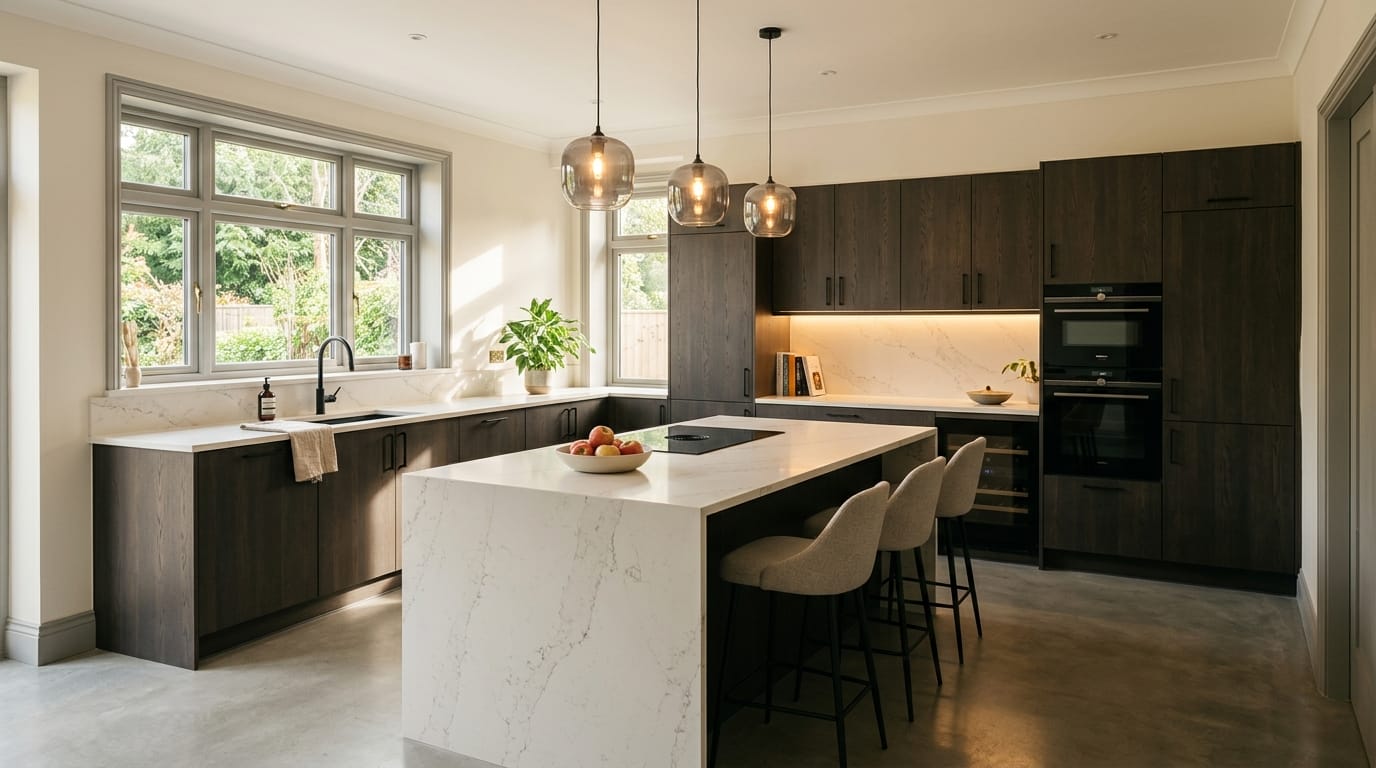 Wide view of a newly completed bespoke Mastercraft kitchen, contemporary painted lay-on cabinetry in airforce tones