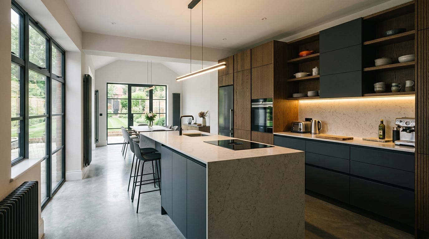hero_1200x675-387 Wide view of a newly completed bespoke Mastercraft kitchen, modern shaker cabinetry in deep forest tones