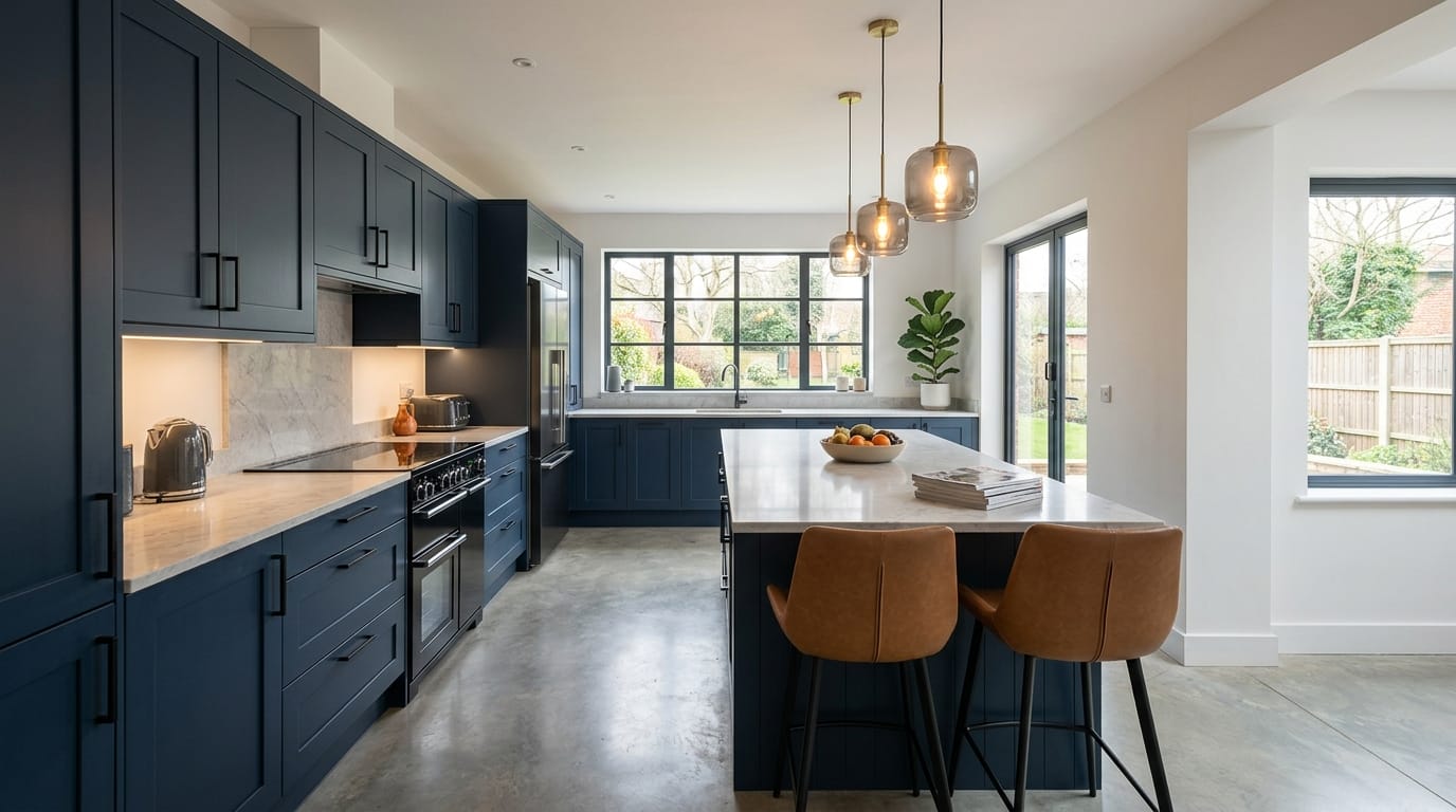 Wide view of a newly completed bespoke Mastercraft kitchen, contemporary painted lay-on cabinetry in lava tones