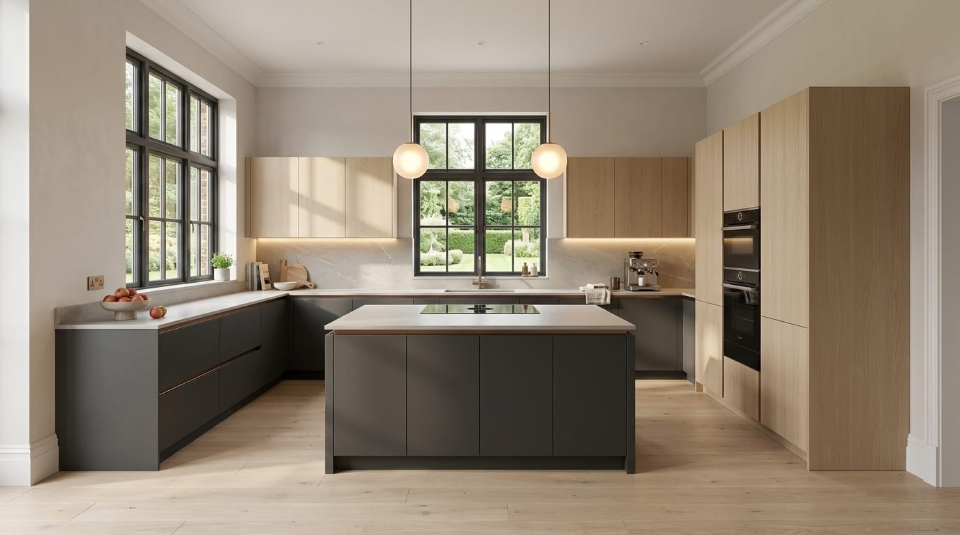 hero_1200x675-390 Wide view of a newly completed bespoke Mastercraft kitchen, timber veneer slab-door cabinetry in stone grey tones