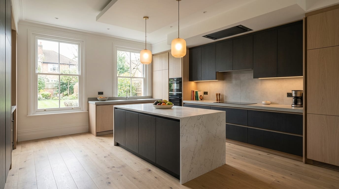 hero_1200x675-391 Wide view of a newly completed bespoke Mastercraft kitchen, modern shaker cabinetry in porcelain tones