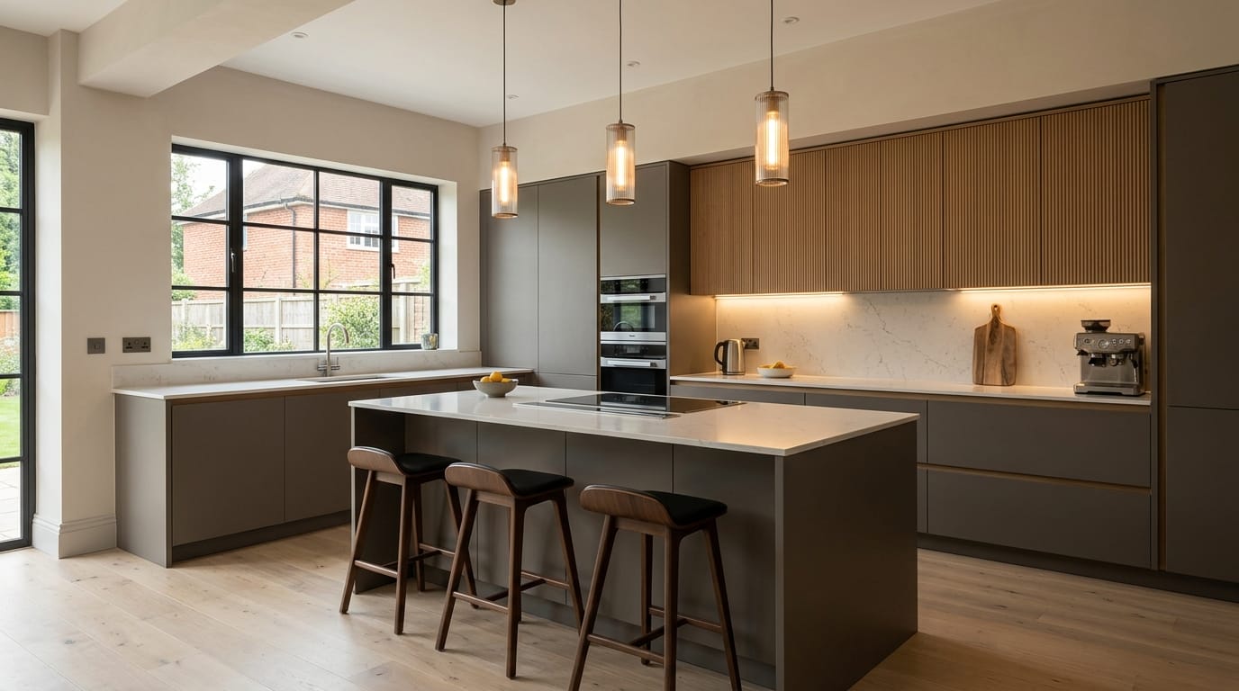 hero_1200x675-392 Wide view of a newly completed bespoke Mastercraft kitchen, modern shaker cabinetry in brilliant white tones