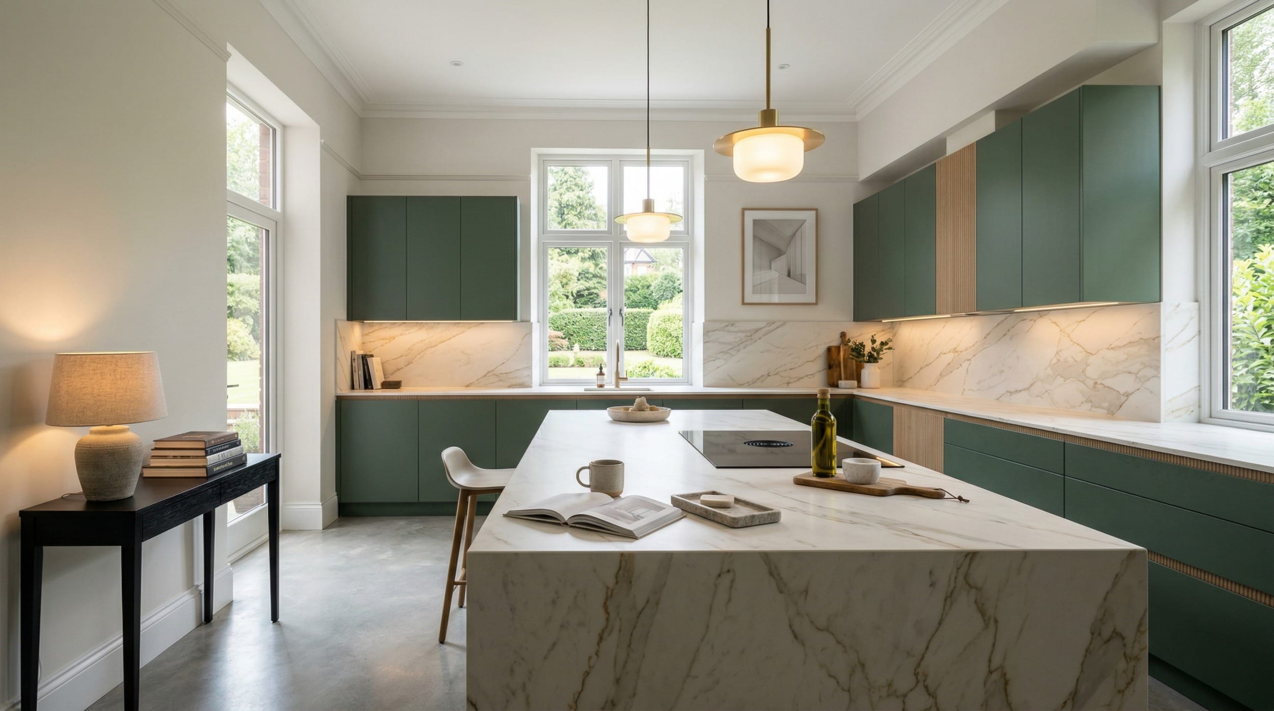 hero_1200x675-397 Wide view of a newly completed bespoke Mastercraft kitchen, matt painted handleless slab cabinetry in cannon black tones