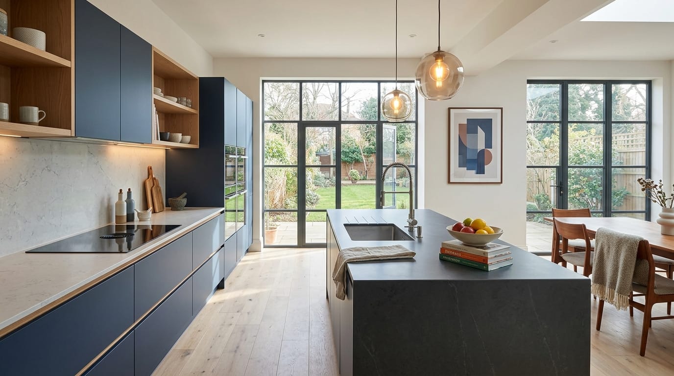 Wide view of a newly completed bespoke Mastercraft kitchen, contemporary painted lay-on cabinetry in viridian tones