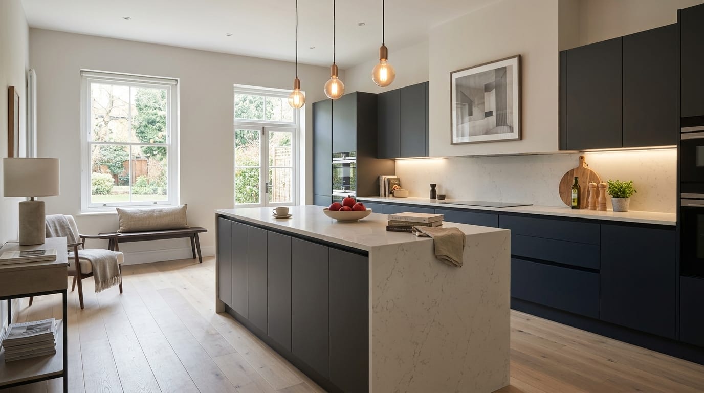 Wide view of a newly completed bespoke Mastercraft kitchen, modern shaker cabinetry in gunmetal grey tones