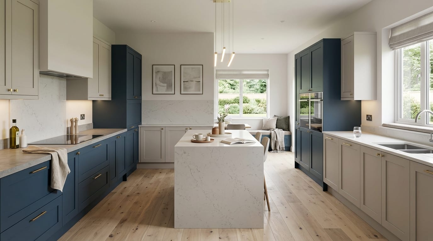 hero_1200x675-402 Wide view of a newly completed bespoke Mastercraft kitchen, matt painted handleless slab cabinetry in indigo tones