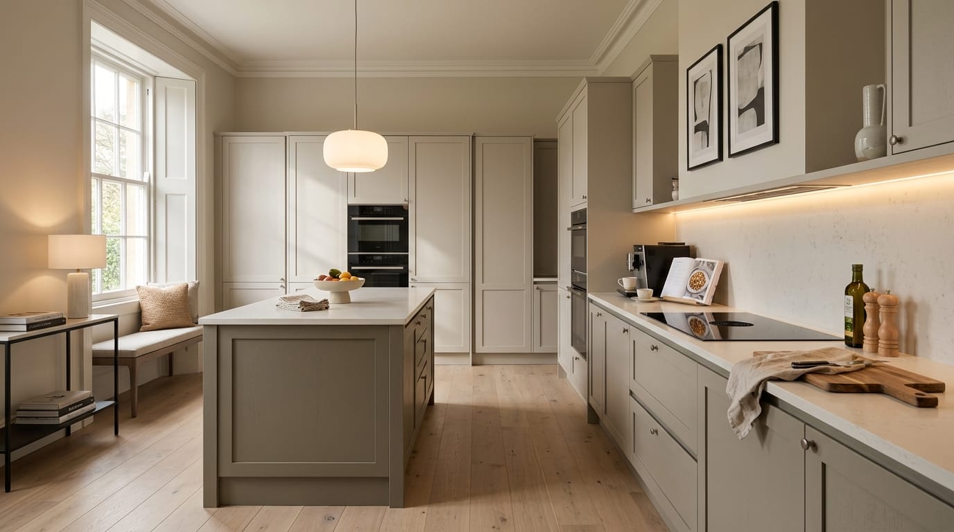 Wide view of a newly completed bespoke Mastercraft kitchen, timber veneer slab-door cabinetry in light grey tones