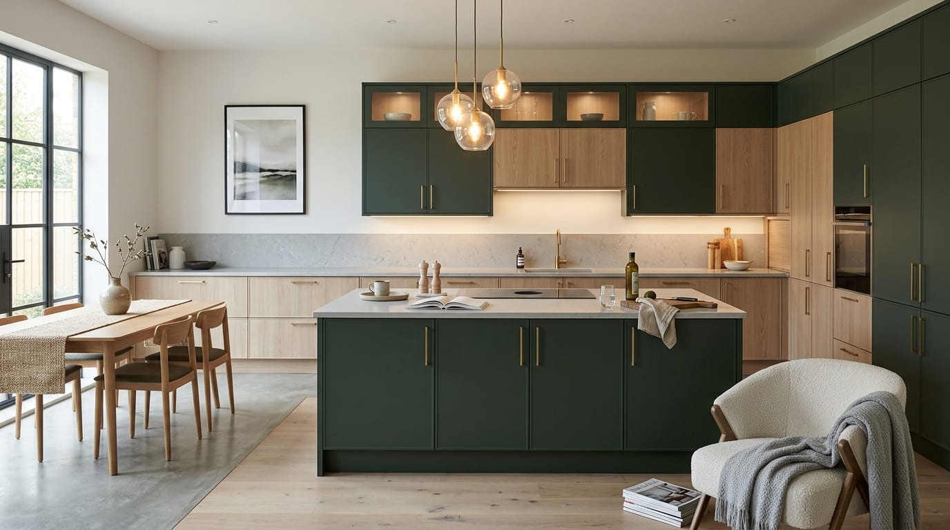 Wide view of a newly completed bespoke Mastercraft kitchen, contemporary painted lay-on cabinetry in lava tones