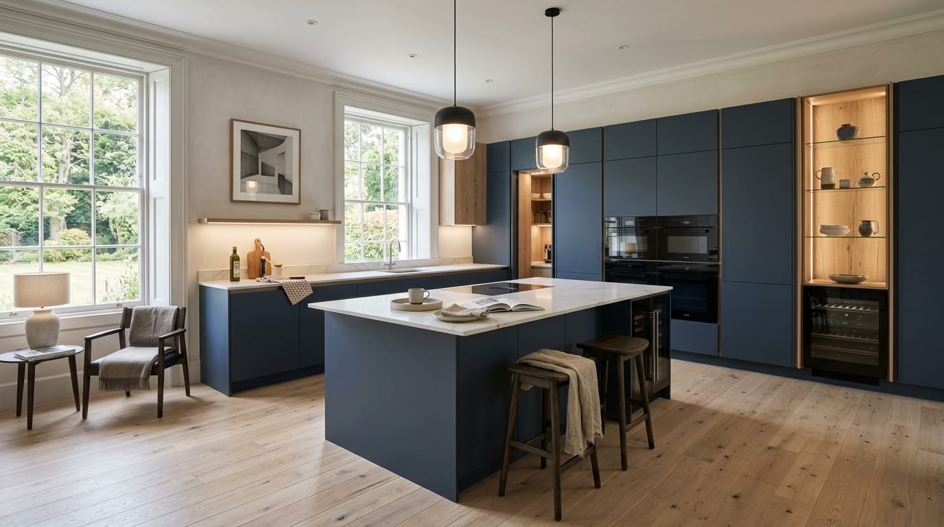 hero_1200x675-408 Wide view of a newly completed bespoke Mastercraft kitchen, contemporary painted lay-on cabinetry in dust grey tones