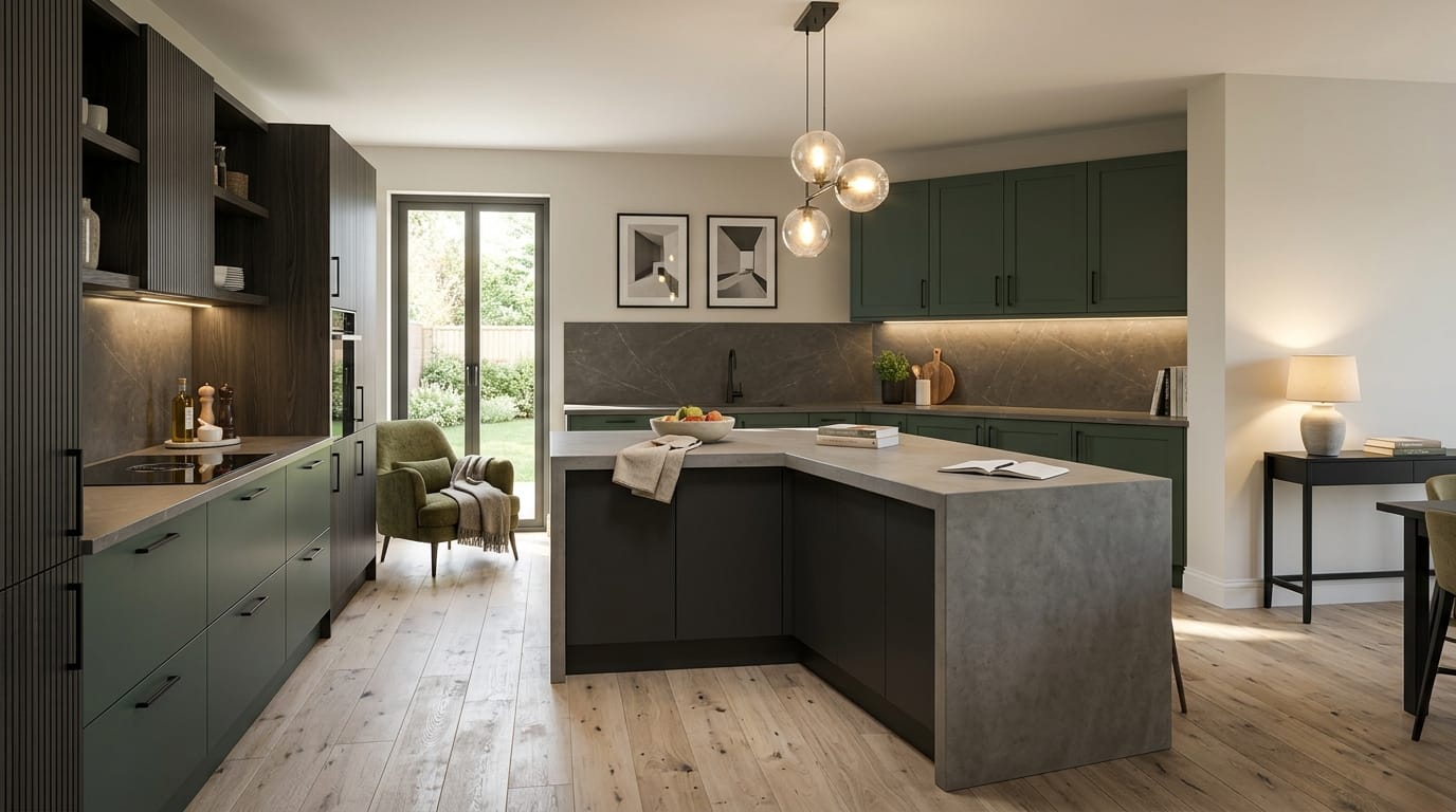 Wide view of a newly completed bespoke Mastercraft kitchen, timber veneer slab-door cabinetry in monument grey tones