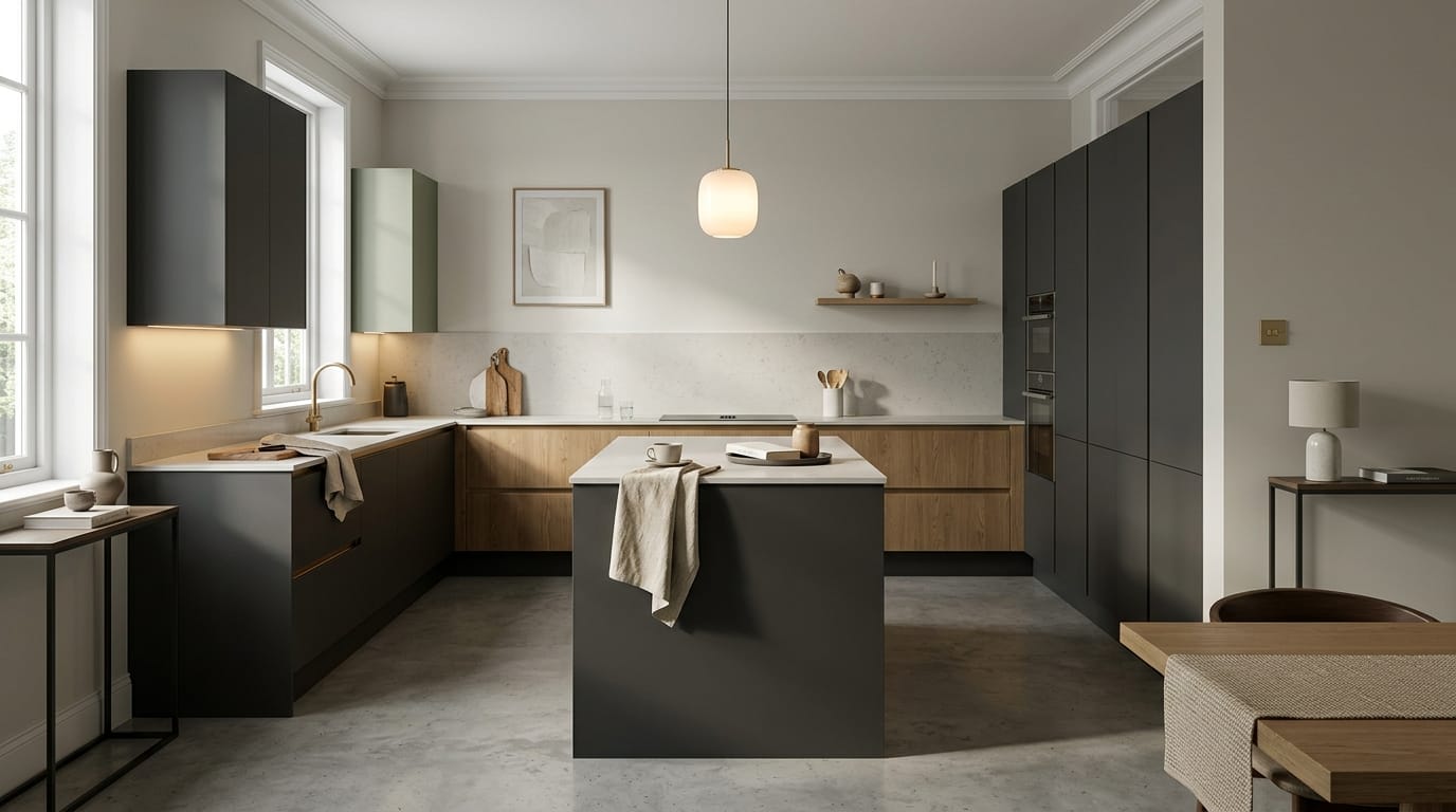 Wide view of a newly completed bespoke Mastercraft kitchen, timber veneer slab-door cabinetry in viridian tones