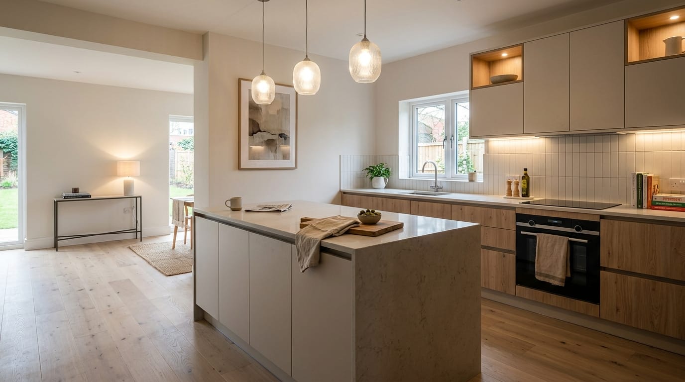 Wide view of a newly completed bespoke Mastercraft kitchen, modern shaker cabinetry in light grey tones