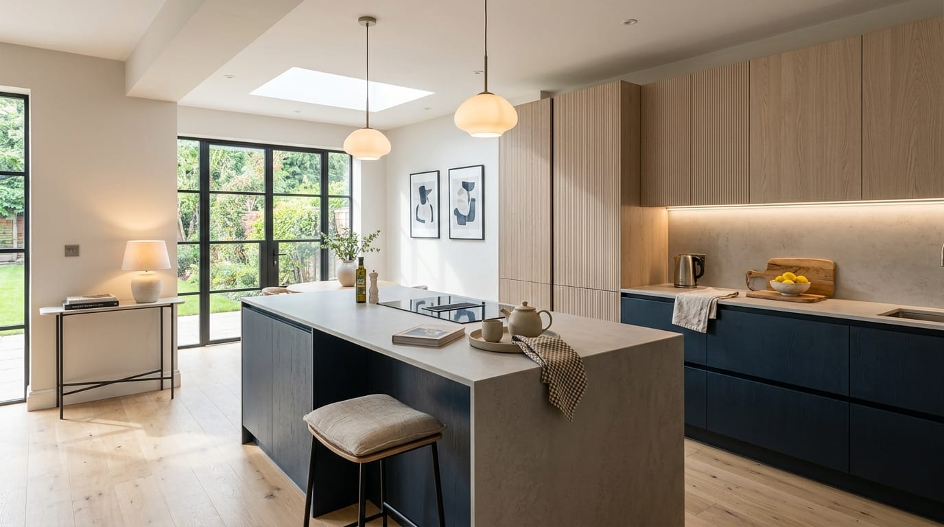 Wide view of a newly completed bespoke Mastercraft kitchen, matt painted handleless slab cabinetry in viridian tones