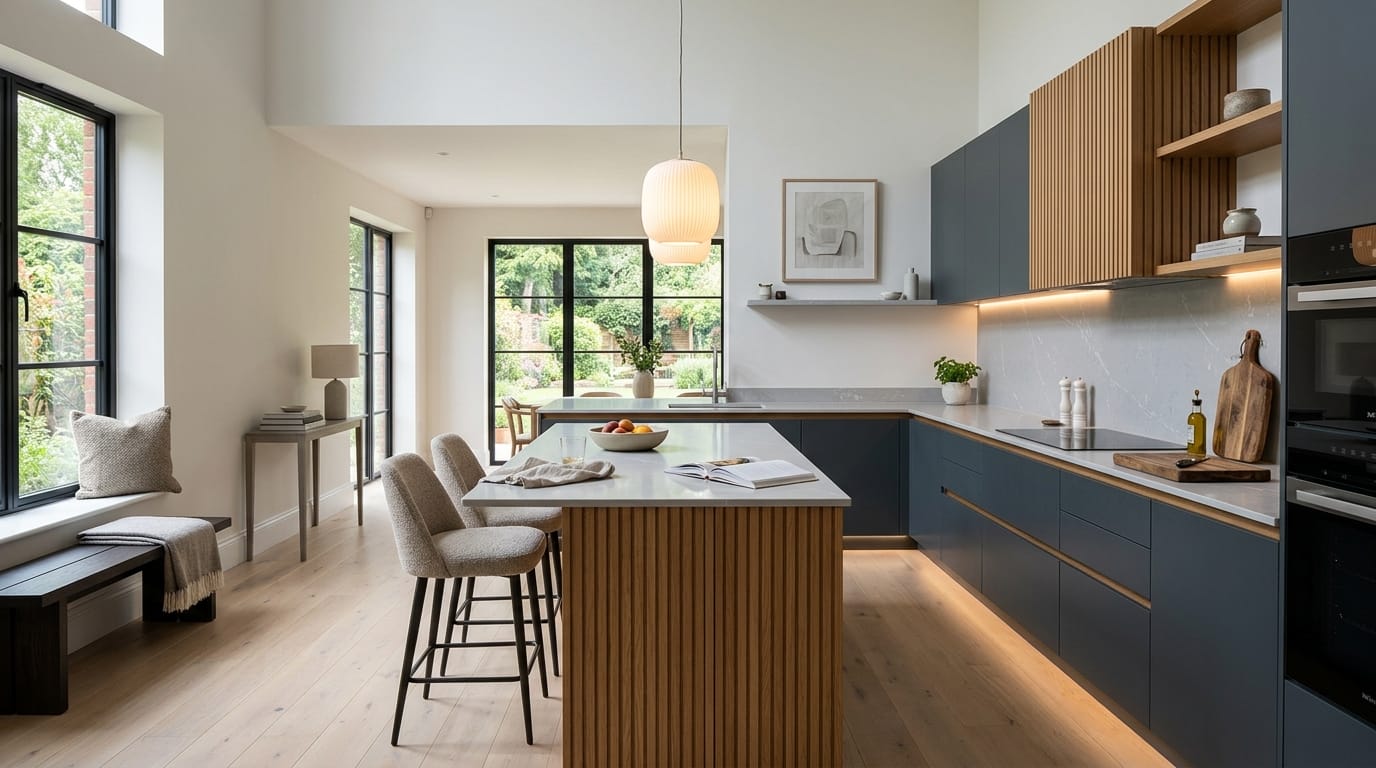 hero_1200x675-414 Wide view of a newly completed bespoke Mastercraft kitchen, matt painted handleless slab cabinetry in taupe grey tones