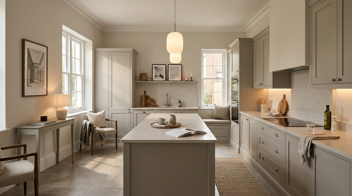 Wide view of a newly completed bespoke Mastercraft kitchen, contemporary painted lay-on cabinetry in heritage green tones