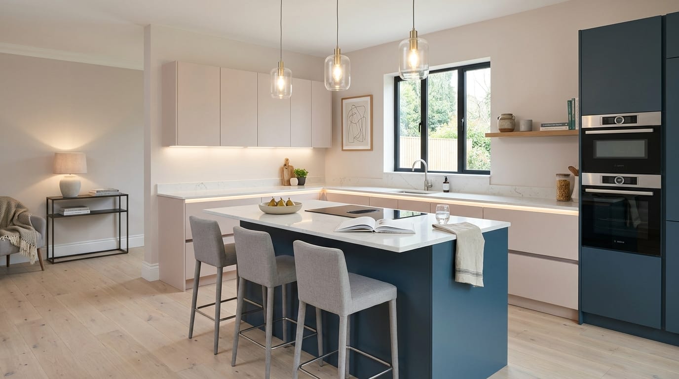 hero_1200x675-416 Wide view of a newly completed bespoke Mastercraft kitchen, matt painted handleless slab cabinetry in pantry blue tones
