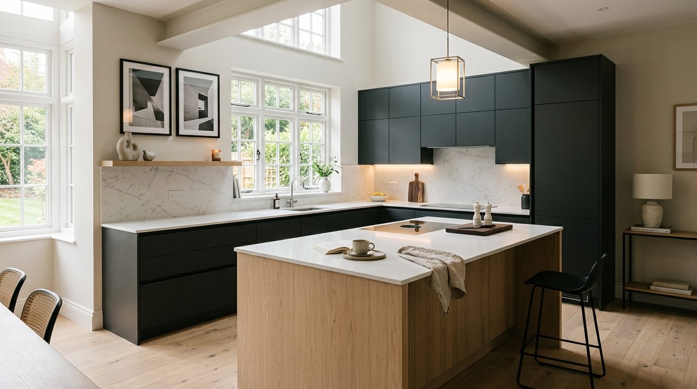 Wide view of a newly completed bespoke Mastercraft kitchen, matt painted handleless slab cabinetry in deep forest tones