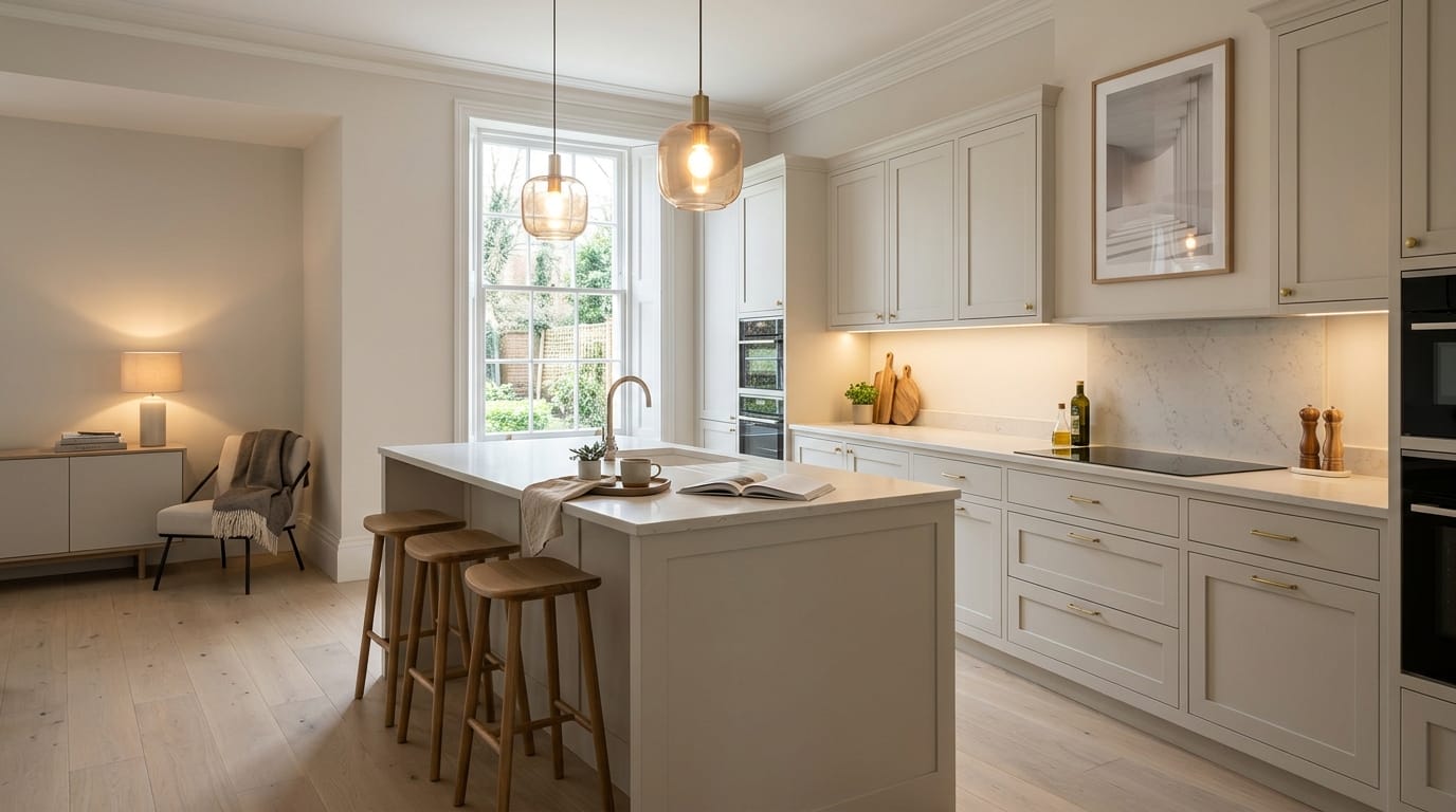 hero_1200x675-418 Wide view of a newly completed bespoke Mastercraft kitchen, modern shaker cabinetry in taupe grey tones