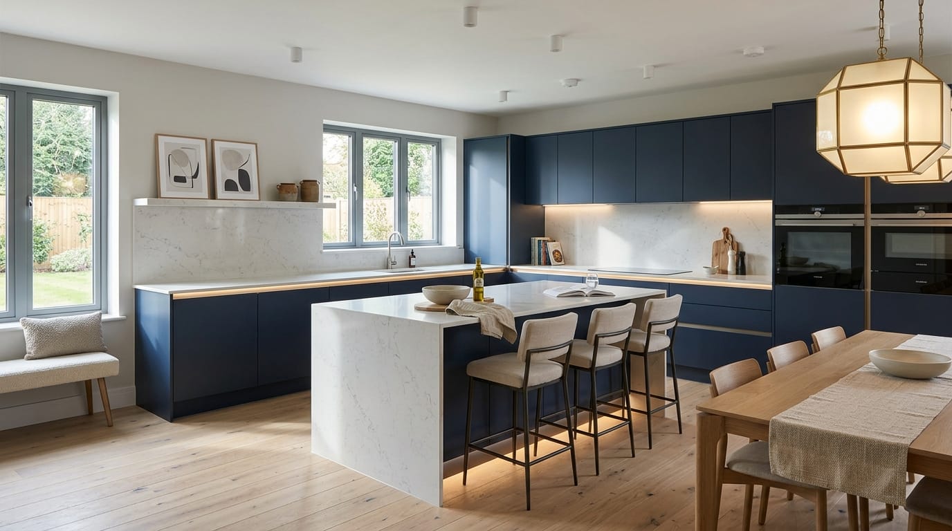 Wide view of a newly completed bespoke Mastercraft kitchen, matt painted handleless slab cabinetry in cardamom tones