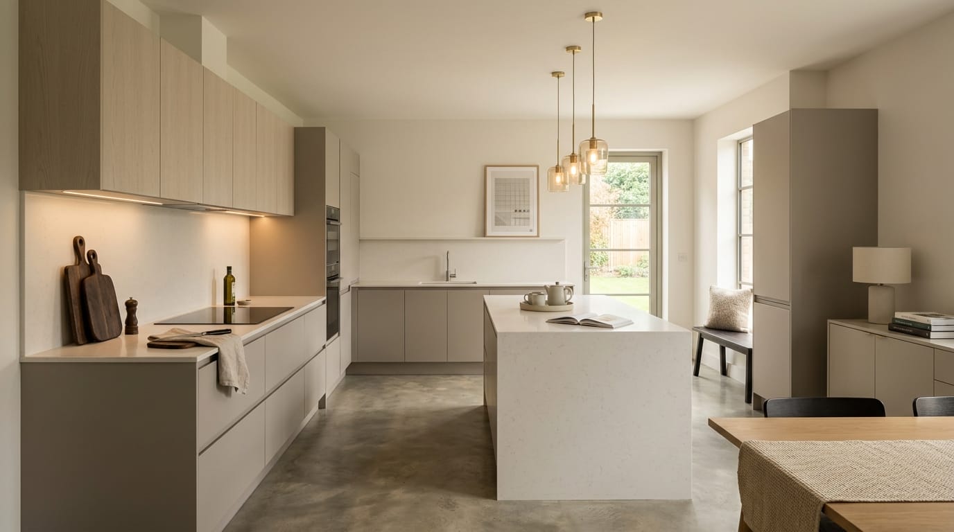 Wide view of a newly completed bespoke Mastercraft kitchen, matt painted handleless slab cabinetry in pantry blue tones