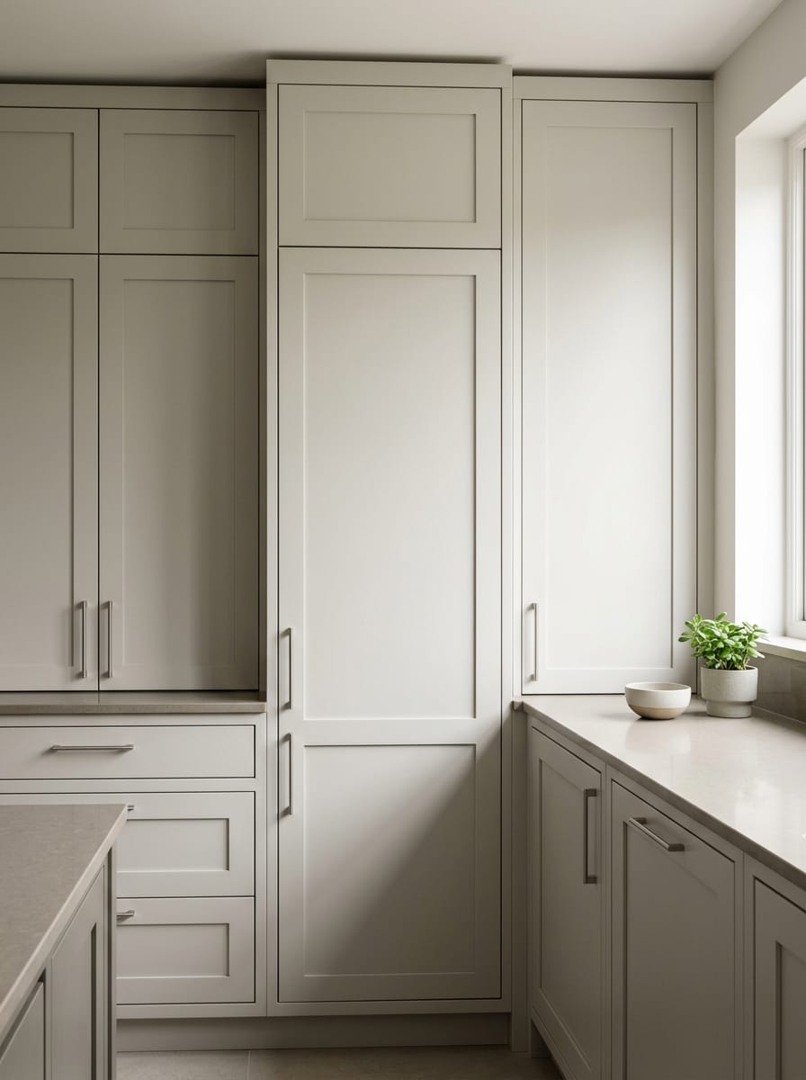 Tall view of full-height bespoke kitchen cabinetry, matt painted handleless slab cabinetry