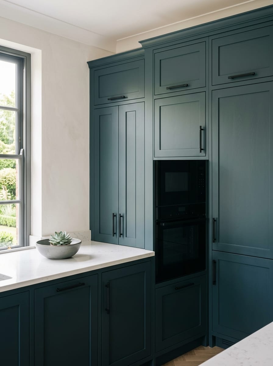 portrait1_600x800-109 Tall view of full-height bespoke kitchen cabinetry in a Merseyside home, timber veneer slab-door cabinetry