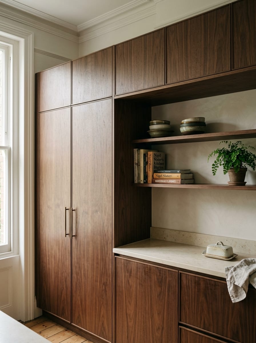 Tall view of full-height bespoke kitchen cabinetry in a Greater Manchester home, timber veneer slab-door cabinetry