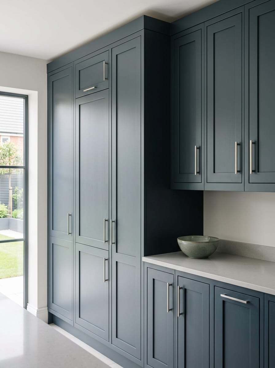 matte blue shaker cupboards with brushed metal handles and pale stone worktop