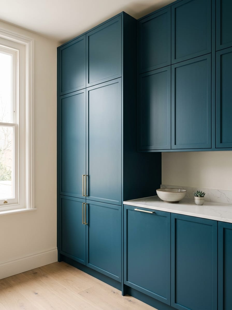 matte blue panelled cupboards with gold handles and white marble worktop