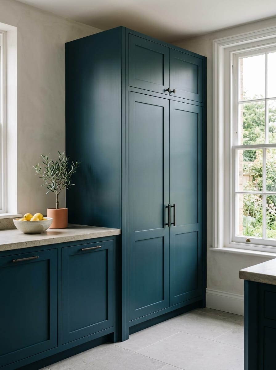 Tall view of full-height bespoke kitchen cabinetry in a Buckinghamshire home, contemporary in-frame cabinetry