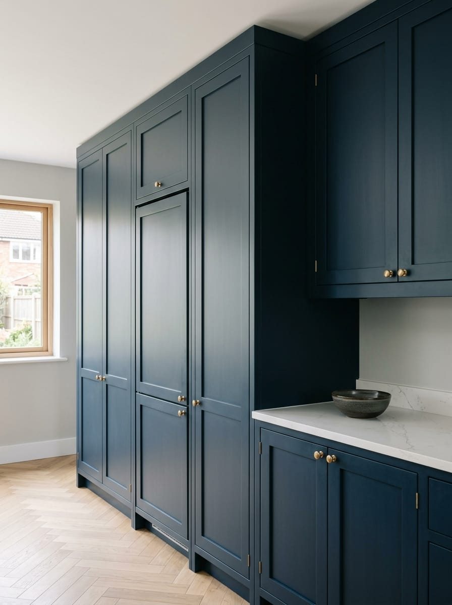 portrait1_600x800-113 dark blue shaker cupboards with gold knobs and white marble worktop