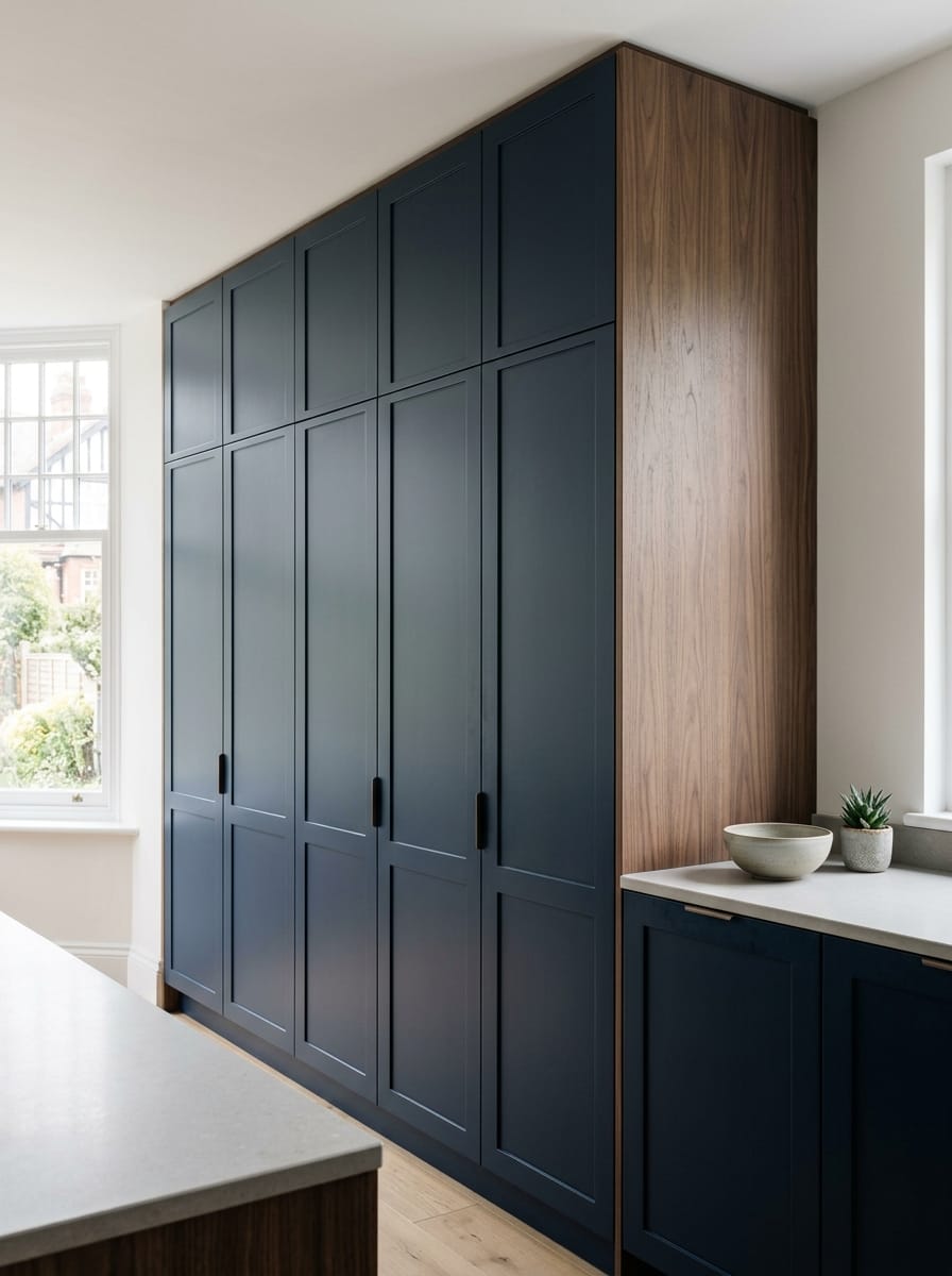 Tall view of full-height bespoke kitchen cabinetry, modern shaker cabinetry