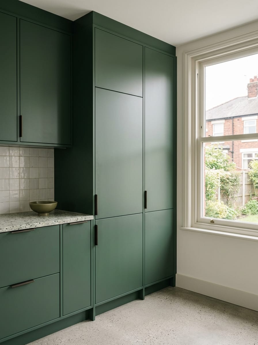 portrait1_600x800-115 matte green cupboards with black handles and terrazzo worktop