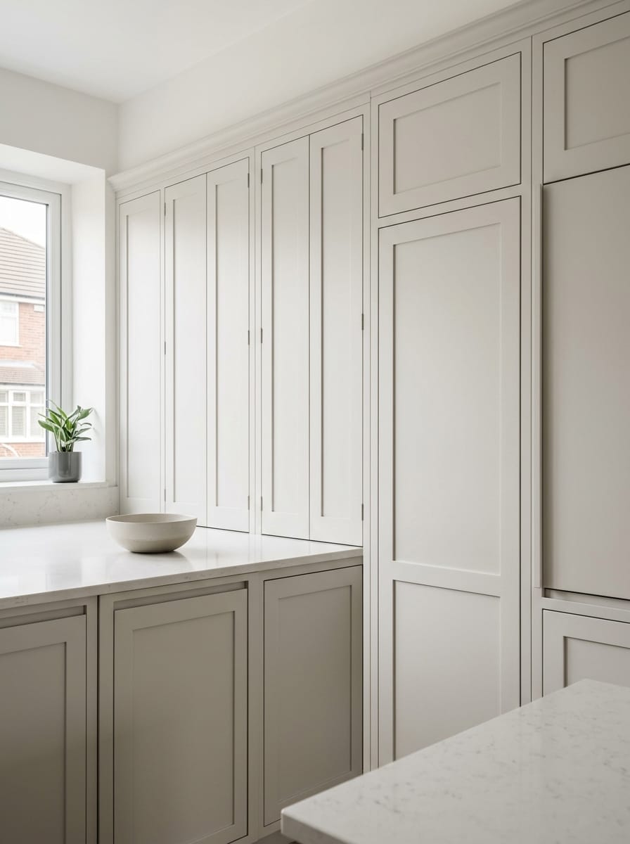 Tall view of full-height bespoke kitchen cabinetry, contemporary painted lay-on cabinetry