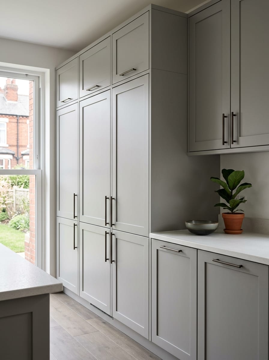 portrait1_600x800-117 Light grey Shaker-style units with long handles and a potted plant on worktop
