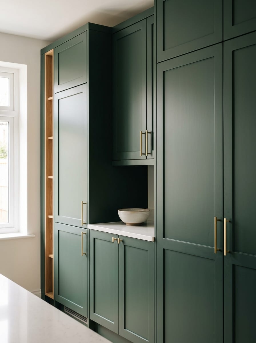 Tall view of full-height bespoke kitchen cabinetry, matt painted handleless slab cabinetry