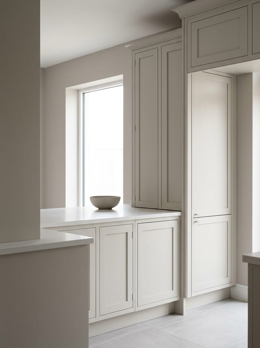 Tall view of full-height bespoke kitchen cabinetry, matt painted handleless slab cabinetry