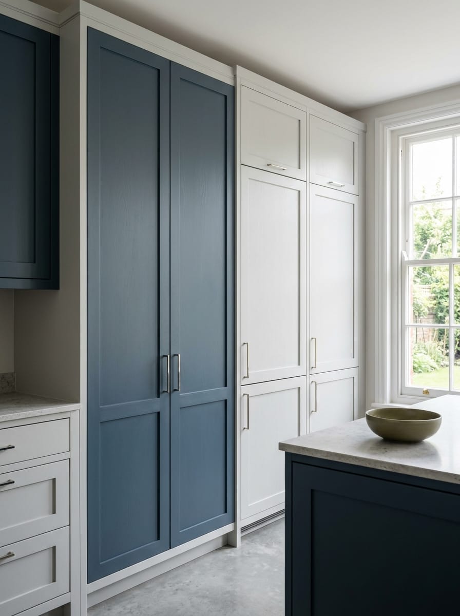 blue and white shaker-style cupboards beside a large window