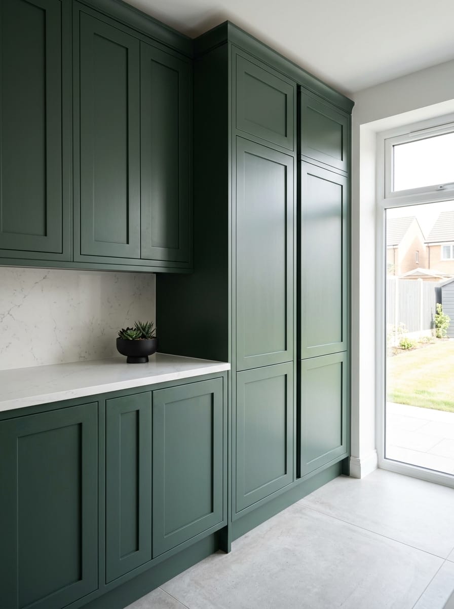 matte green panelled cupboards with white marble worktop and small black plant pot