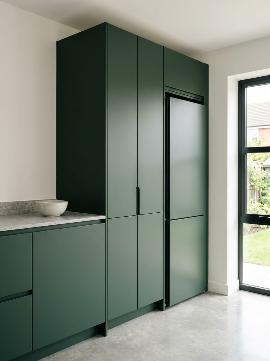 portrait1_600x800-123 Matte dark green kitchen units with minimalist handles and pale stone worktop