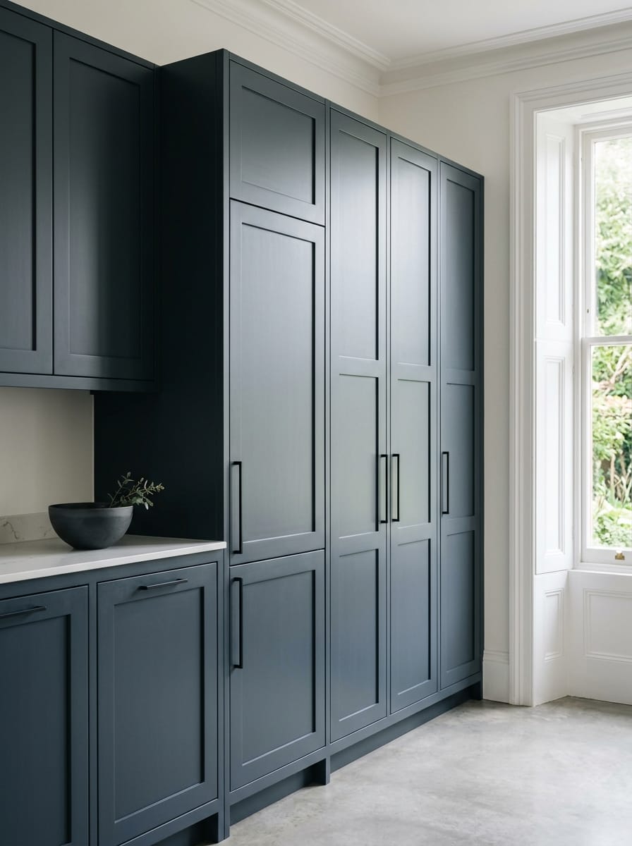 matte dark blue cupboards with black handles beside tall sash window