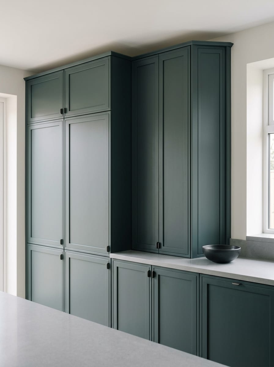 portrait1_600x800-125 matte dark green cupboards with black handles and a single black bowl