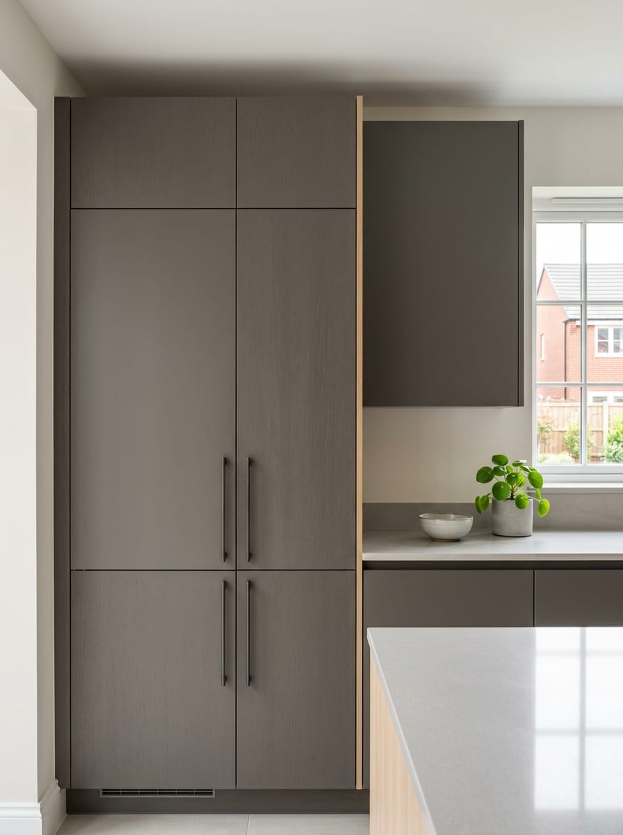 Tall view of full-height bespoke kitchen cabinetry, modern shaker cabinetry