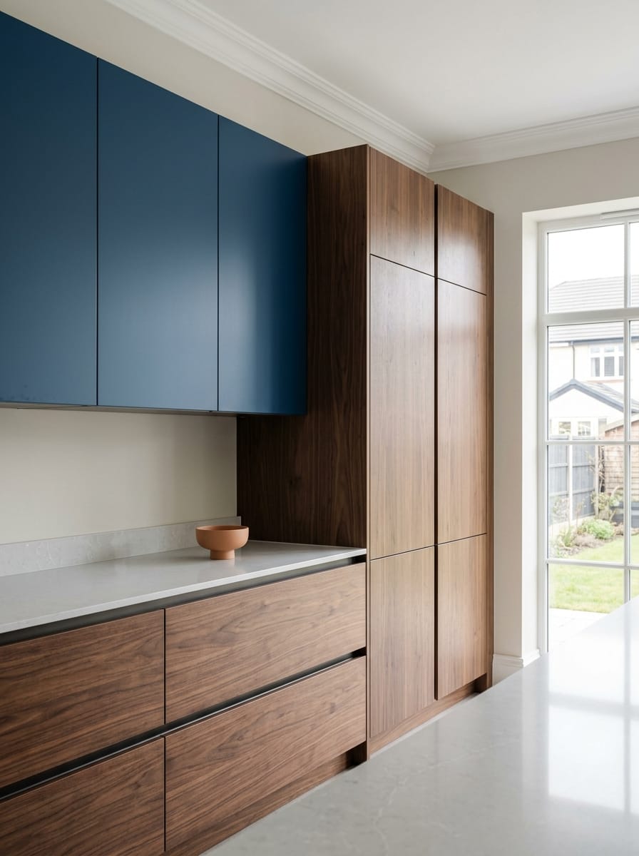portrait1_600x800-127 matte blue wall units with walnut wood drawers and tall cupboards