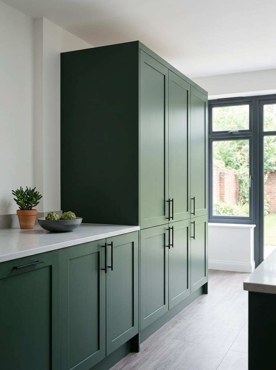 Dark green shaker-style units with black handles and pale worktop in Mastercraft kitchen