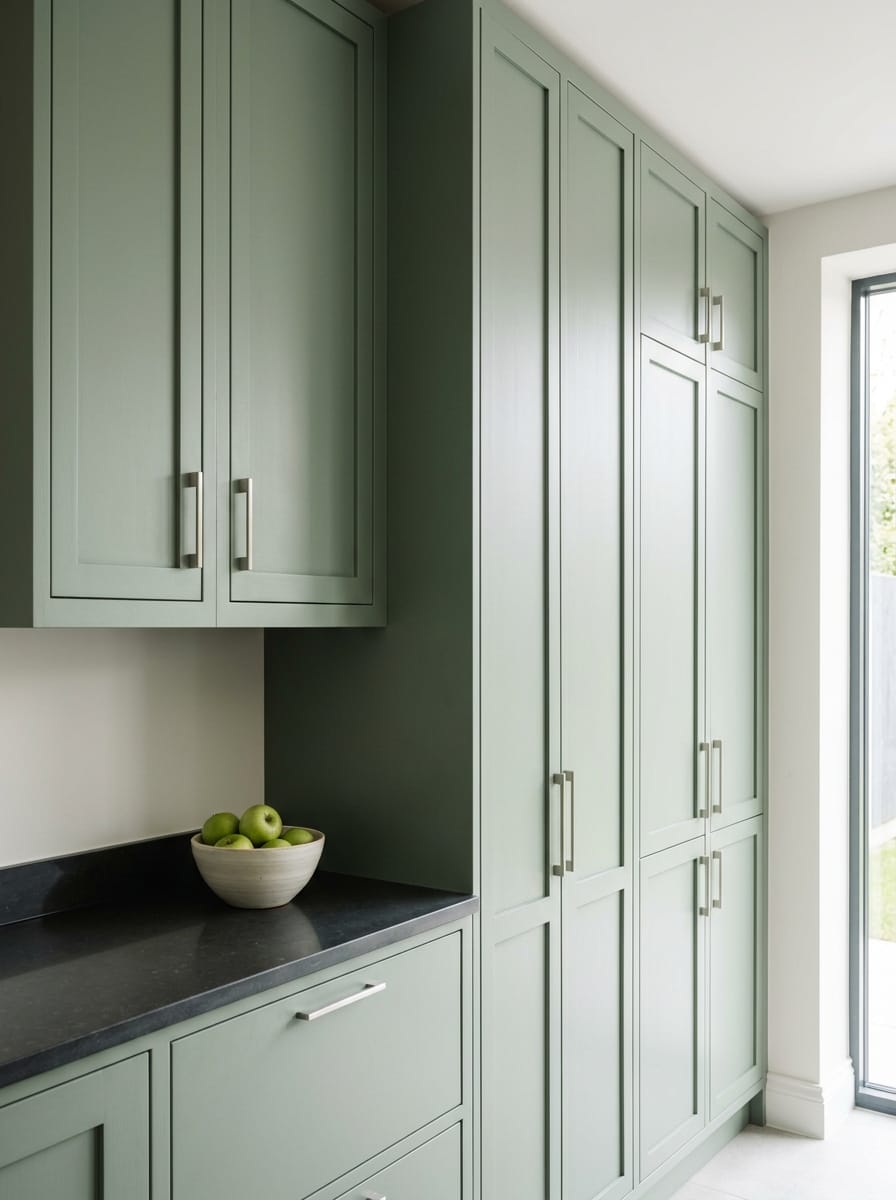portrait1_600x800-129 sage green shaker cupboards with brushed metal handles and black worktop